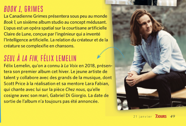 Wow! Une belle mention dans le magazine <a href="/7Jours/">Magazine 7 Jours</a>! 🤩

Très, très hâte de vous en dire plus sur ce projet musical…Stay tuned!