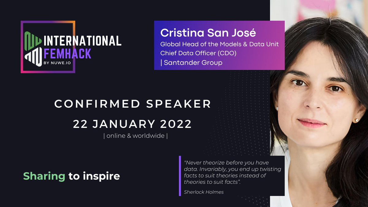 NuweIo's tweet photo. 👩🏻‍💻 #FemHack

📣 We are pleased to introduce one of our talented guest speakers, Cristina San José!

Cristina is the Global Head of the Models &amp; Data Unit and Chief Data Officer of @bancosantander
 
🕢 10:30 GMT +1
➡️ https://t.co/RKnfQQ81wp

See you there! 💥

 #WomenInSTEM https://t.co/jQpYFZiHVg