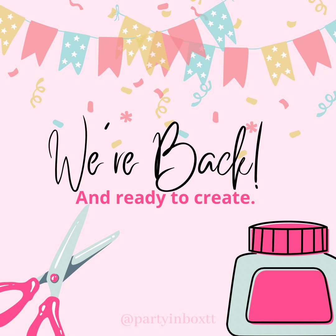 Hey!
And we’re back! Can’t wait to create something awesome for you! 
.
Remember to reserve your slots from early! Last minute orders can attract a fee. 
#partyinaboxtt #piab #trinidadandtobago #trinidadbusiness #crafting #partysupplies #partysuppliestt