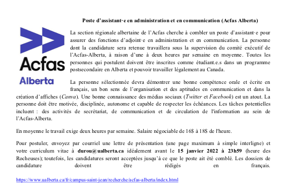 AcfasAlberta's tweet photo. [RAPPEL]: L'Acfas Alberta est à la recherche d'un.e étudiant.e remplissant les fonctions d'assistant.e aux communications ! Vous avez jusqu'à samedi pour postuler. https://t.co/gVOM1XPs9W