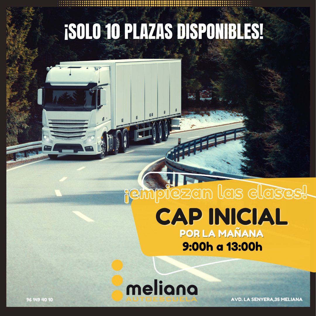 📢10 plazas disponibles📢

 Nuevo Curso de Cap Inicial  POR LAS MAÑANAS que  comenzamos en Autoescuela Meliana 

¡UNICO EN VALENCIA!

𝗣𝗜𝗘𝗡𝗦𝗔 𝗘𝗡 𝗧𝗨 𝗙𝗨𝗧𝗨𝗥𝗢
96/149 40 10
📍La Senyera, 35 Meliana
autoescuelameliana.com

#autoescuela #autoescuelavalencia