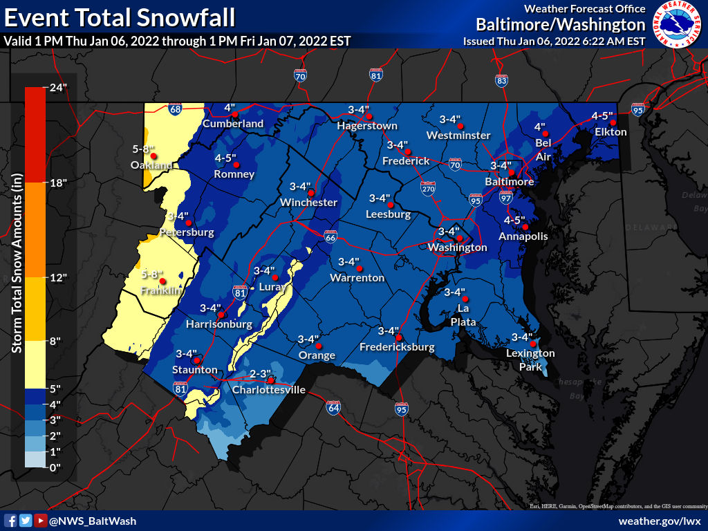 ReadyFairfax's tweet photo. Another round of accumulating snow is expected across the region this evening into Friday morning. A Winter Weather Advisory remains in effect from 9 PM tonight to 5 AM Fri. Expected snowfall in the county is between 2-4 in. with the heaviest snow between 10 PM and 2 AM. #FFXSnow https://t.co/4MBtb6TkRl
