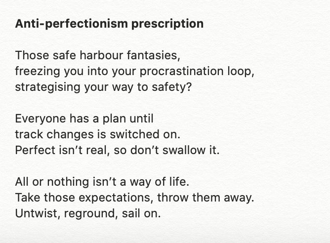 procopywriters's tweet image. We&apos;ve dug this one out of the archives, because we reckon a few of you will be refocusing the way you work in 2022...

@BetaRish, our poet in residence at #CopyCon20, wrote this after hearing @archcopy&apos;s talk about banishing perfection in #copywriting.

Thanks to both!