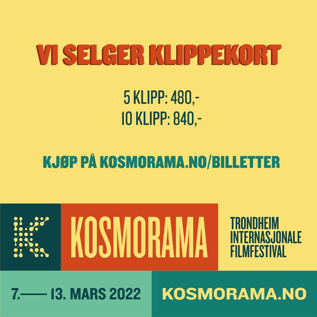 Vi selger nå både klippekort med 5 og 10 klipp! Klippekort og festivalpass ligger ute til salg på kosmorama.no/billetter.