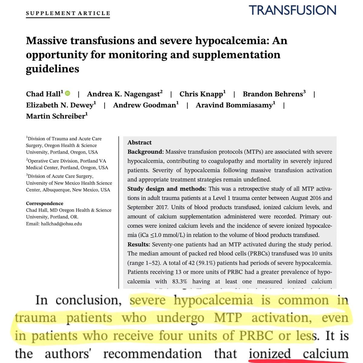 eddyjoemd's tweet photo. Don’t forget to check ionized calcium levels on patients receiving significant blood products. The traditional 1gm per 4 units will likely not cut it. 🎩 tip to the authors.

https://t.co/4Ise540F2X https://t.co/kAsogVkHoh