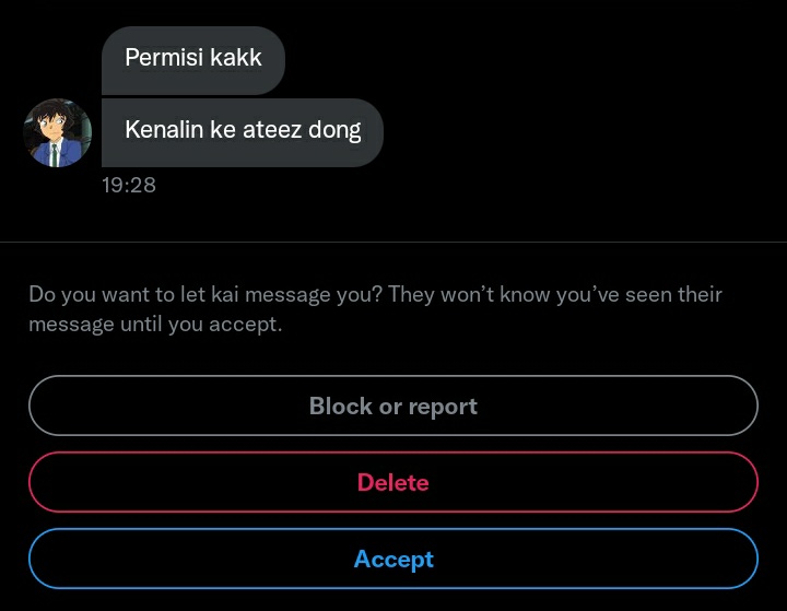Gara gara keseringan interaksi sama base belakangam ini tbtb ada yang dm gini tiap hari :")

Siapa tau yg baru2 ini ngepoin ateez beneran jadi atiny nantinya terus rajin berkontribusi buat ateez. Kan lumayan 

Nggak ada yg rugi juga sebenernya