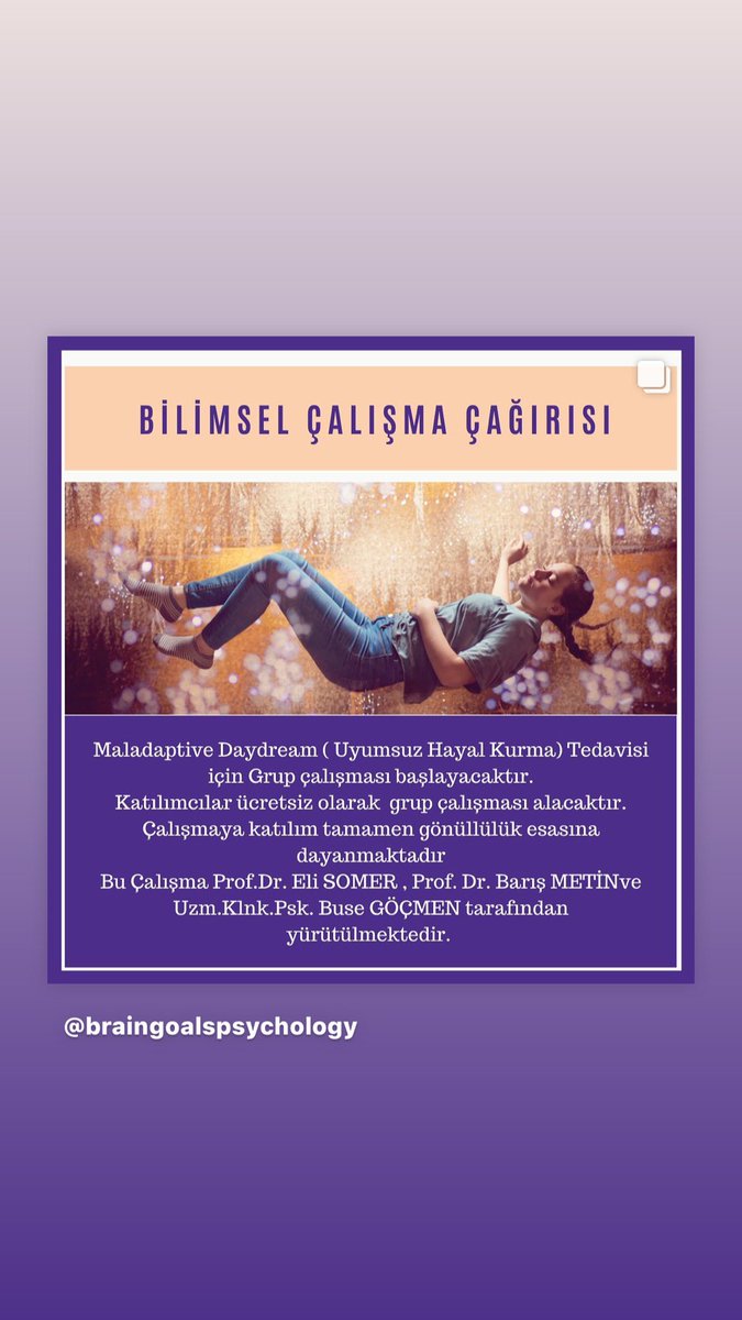pskbusegocmen's tweet photo. Maladaptive daydream bilimsel çalışmay katılmak için bize ulaşın. @pskbusegocmen @drbarismetin @elisomer 
#maladaptivedaydream #elisomer #uyumsuzhayalkurma #daydream https://t.co/nic5gUejXu