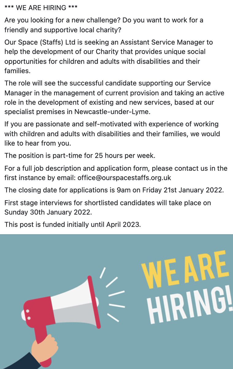 We're hiring!
Are you looking for a new challenge? Do you want to work for a friendly and supportive local charity?
Our Space (Staffs) Ltd is seeking an Assistant Service Manager to help the development of our Charity. Further details below.
#Recruitment #NewcastleUnderLyme #Jobs