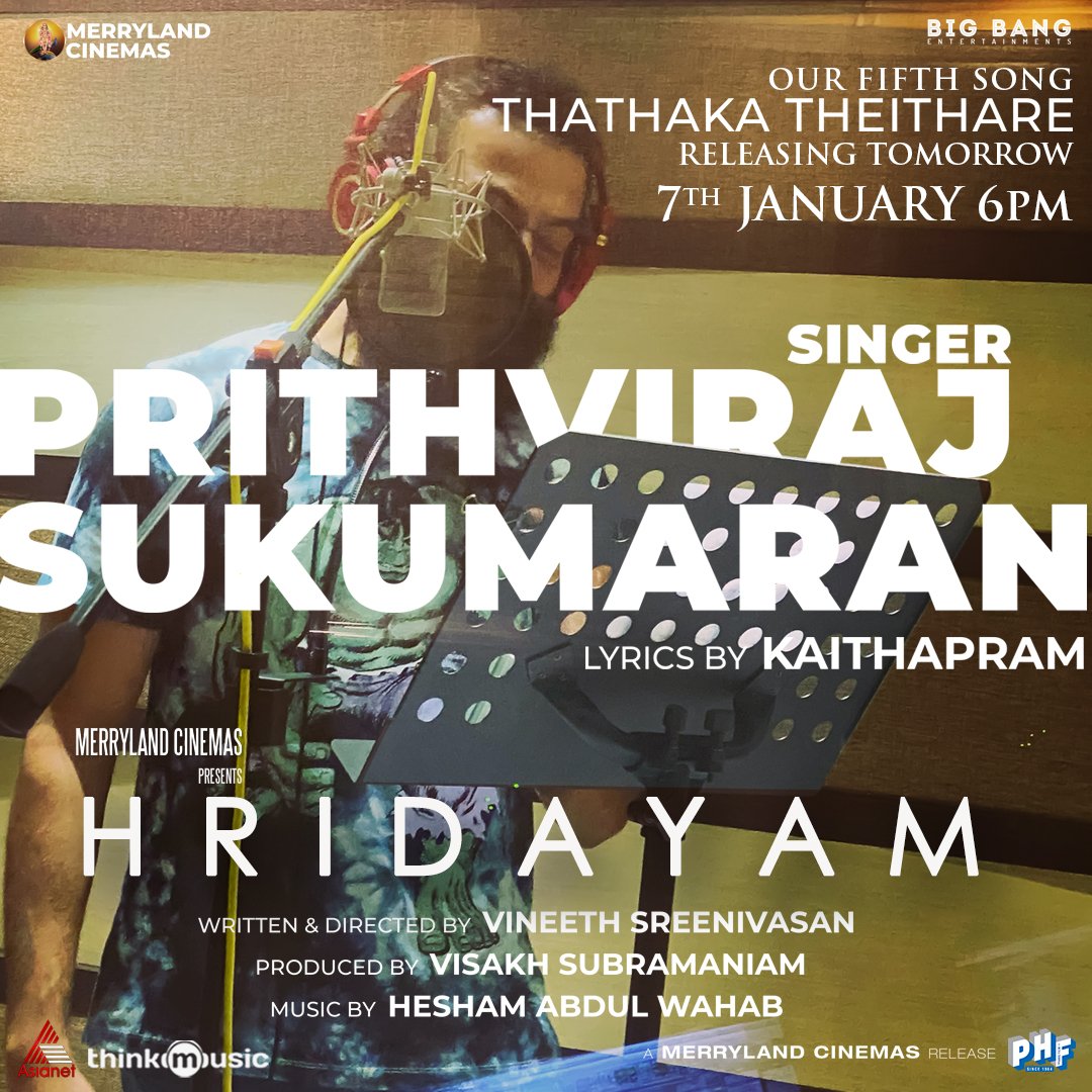 At 6 pm IST tomorrow, the next song from <a href="/HridayamTheFilm/">Hridayam</a> sung by <a href="/PrithviOfficial/">Prithviraj Sukumaran</a> will reach you. 😊

#Hridayam