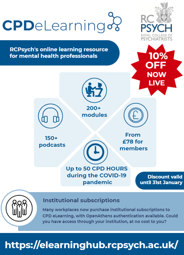 rcpsych_eLearn's tweet image. Take advantage of our #Januarypromotion and subscribe or renew your #CPDeLearning for the year with a 10% #discount.

Simply log in to your #eLearningHub account and you can #process your #subscriptionrenewal with an #automatic #discount applied.

🔗➡️ bit.ly/3n1y7ZO