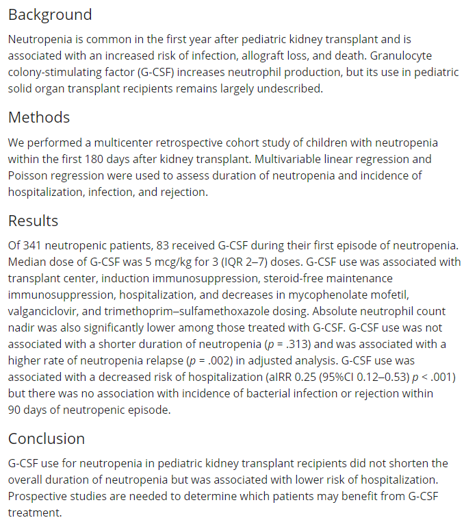 ASPNeph's tweet photo. Outcomes of granulocyte colony-stimulating factor use in pediatric #kidneytransplant recipients: A Pediatric Nephrology Research Consortium study. #GCSF #Pedneph #PNRC @pedtransjrnl @thePNRC
https://t.co/212i4wcBKz https://t.co/lgdjynHqW8