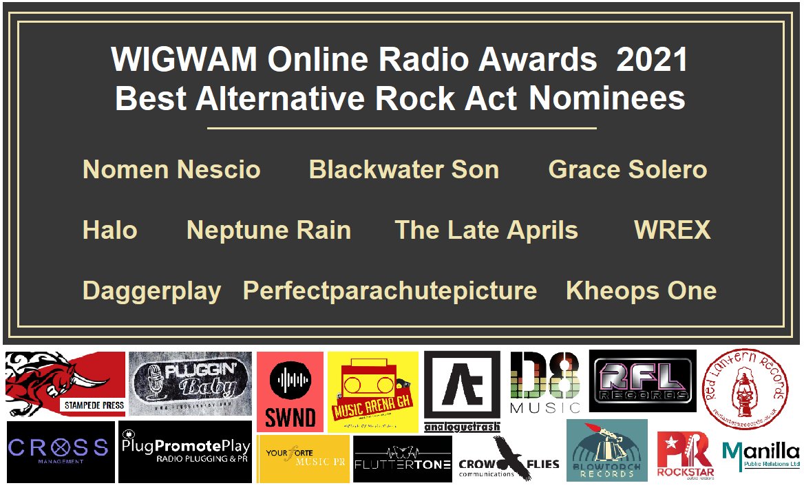 WIGWAM Awards
We'll be playing the nominees in the Best Alternative Rock Act category - Friday 8pm UK, 9pm CET in Europe &amp; 9pm EDT in the Americas. radiowigwam.co.uk   

With <a href="/Haloltd/">Halo Band London</a> <a href="/neptune_rain/">Neptune Rain</a> #nnescioband 
<a href="/BlackwaterSon/">Blackwater Son</a> <a href="/Daggerplay/">Daggerplay</a> <a href="/GVedris/">Goran Vedriš</a>
<a href="/WeAreWREX/">WREX</a> <a href="/pppband/">Perfectparachutepicture</a>