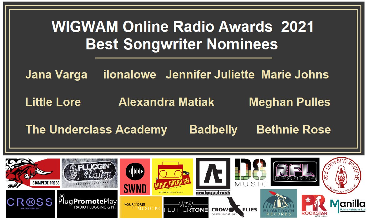 WIGWAM Awards Hear all the nominees for Best Songwriter 2021 - Friday 7pm UK, 8pm CET in Europe & 8pm EDT in the Americas. radiowigwam.co.uk With @littleloremusic @Badbelly @meghanpulles89 @Uclassacademy @Mariejohnsmusic @_ilonalowe @janamusic_net @jenjuliette