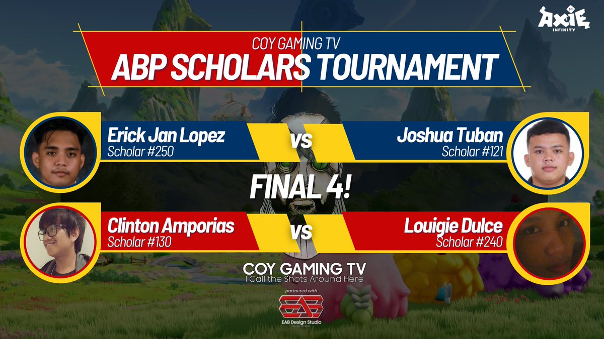 CoyGamingTV's tweet photo. Here's the final 4 of the @CoyGamingTV @AxieInfinity ABP SCHOLARS TOURNAMENT!
Follow us on Twitter! https://t.co/omEGCiR8jz
Follow our Infographic Designer: @EABDesignStudio
Subscribe to them! https://t.co/CRBFHvLA2z
#coygamingtv #AxieUpdates #AxieInfinity https://t.co/uAaDX8BVe7