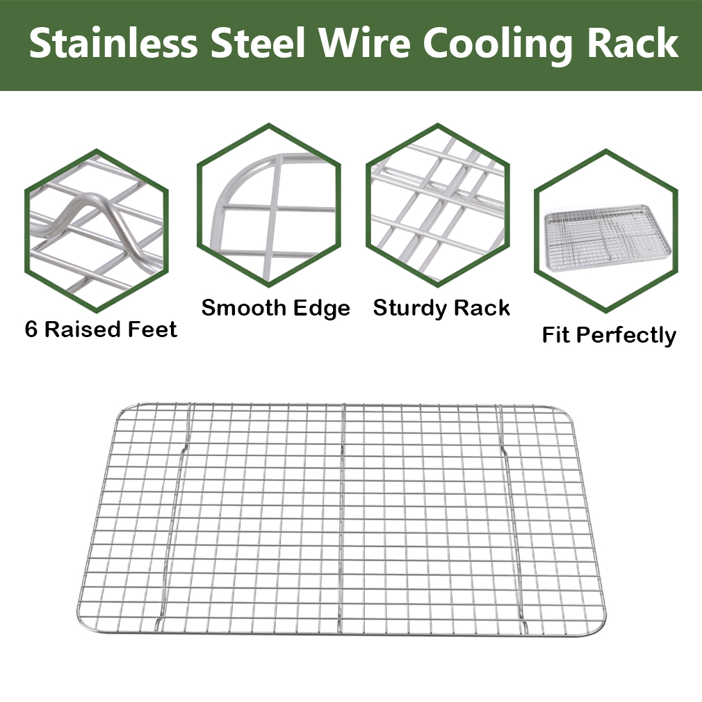 The oven safe baking rack welded firmly with dense parallel lines to keep food from falling through. 6 raised feet for stability and uniform cooling, each wire rack is perfectly fits in the baking pan, that can also be used as a bacon rack for crisp bacon.
#rottay #coolingrack