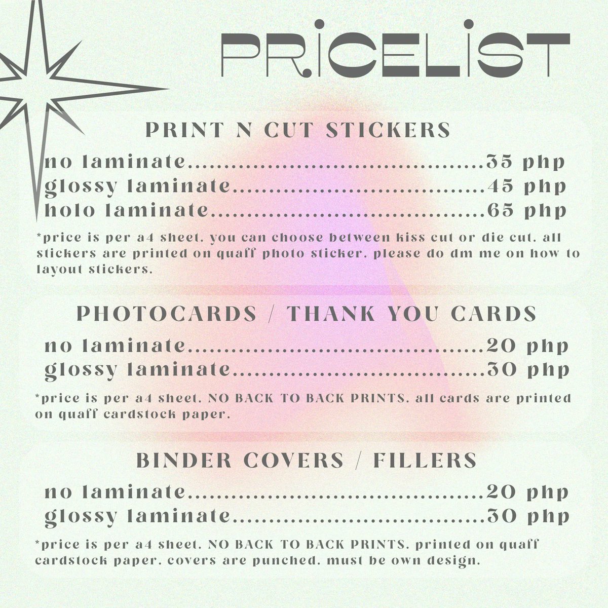 ☁︎︎ ⤾·˚ kai's printing service is open! #kaiprints

add'l info:

- mop is gcash
- mod is sco, sdd or ggx

dm me for more inquiries / to order! 
 
🏷 custom customized stickers t card binder cover fillers thank you card photocard packaging logo stix manu manufacturer
