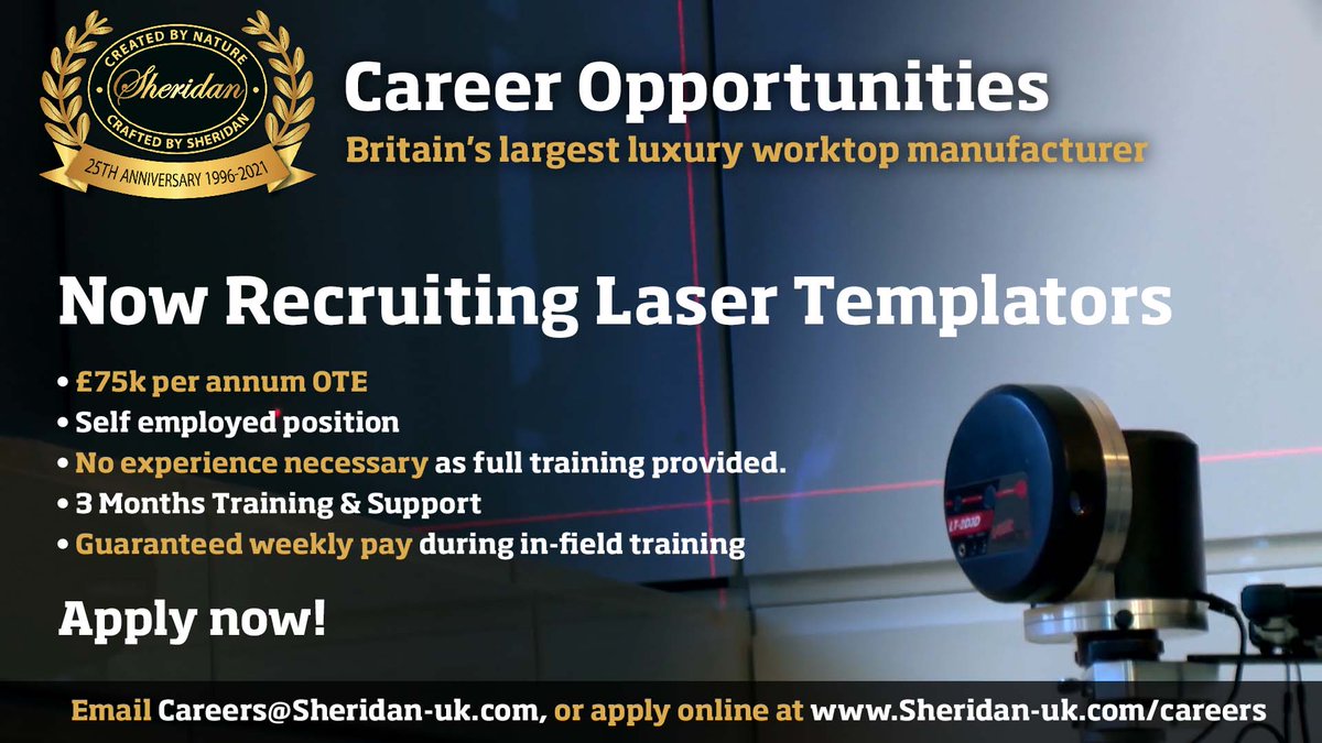 SheridanWorktop's tweet photo. Opportunities available for experienced fitters and laser templators. Market leading rates of pay and excellent continuity of work available with the UK's number 1 worktop manufacturer.

Email careers@sheridan-uk.com or visit our website for more info https://t.co/QcLLweuguC https://t.co/ElKONanBPQ