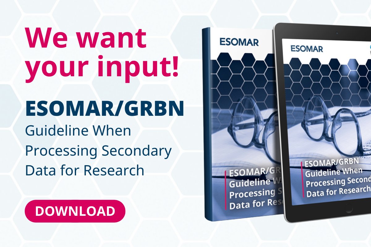 ESOMAR's tweet image. Join us in shaping the future global norms and practices to reuse data in analytics and insights.

Grab a copy of the ESOMAR/GRBN Secondary Data Guideline and tell us what you think! 👉 bit.ly/3EQm2wE

#secondarydata #guideline