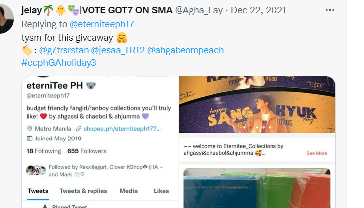 eterniteeph17's tweet photo. Congrats on winning (1) random TE album @xsunsahi @Agha_Lay @heylay0__0 π₯³
Please wait for our DM :))
Thank you everyone for joining!π #ecphGA https://t.co/vtQL0FabNY
