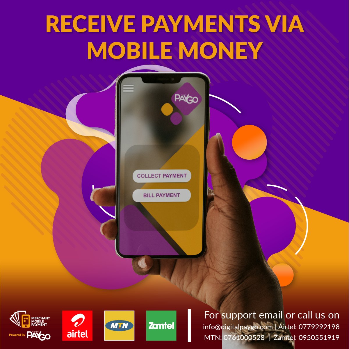 Provide your customers with a variety of payment options, such as mobile money, and more, to make their shopping experience easier.

Register for Digital PayGo's merchant mobile payment TODAY!.
digitalpaygo.com/mmp | MTN: 0761000528 | Airtel:0779292198