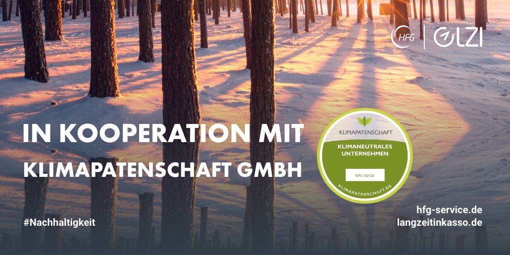 Die HFG Gruppe ist das erste #klimaneutrale #Inkassounternehmen Deutschlands. 👏 Wir sind sehr froh, dass wir mit der #Klimapatenschaft GmbH einen Partner an unserer Seite haben, der uns dabei geholfen hat, dieses Ziel zu erreichen. Vielen Dank für die tolle und #Zusammenarbeit!