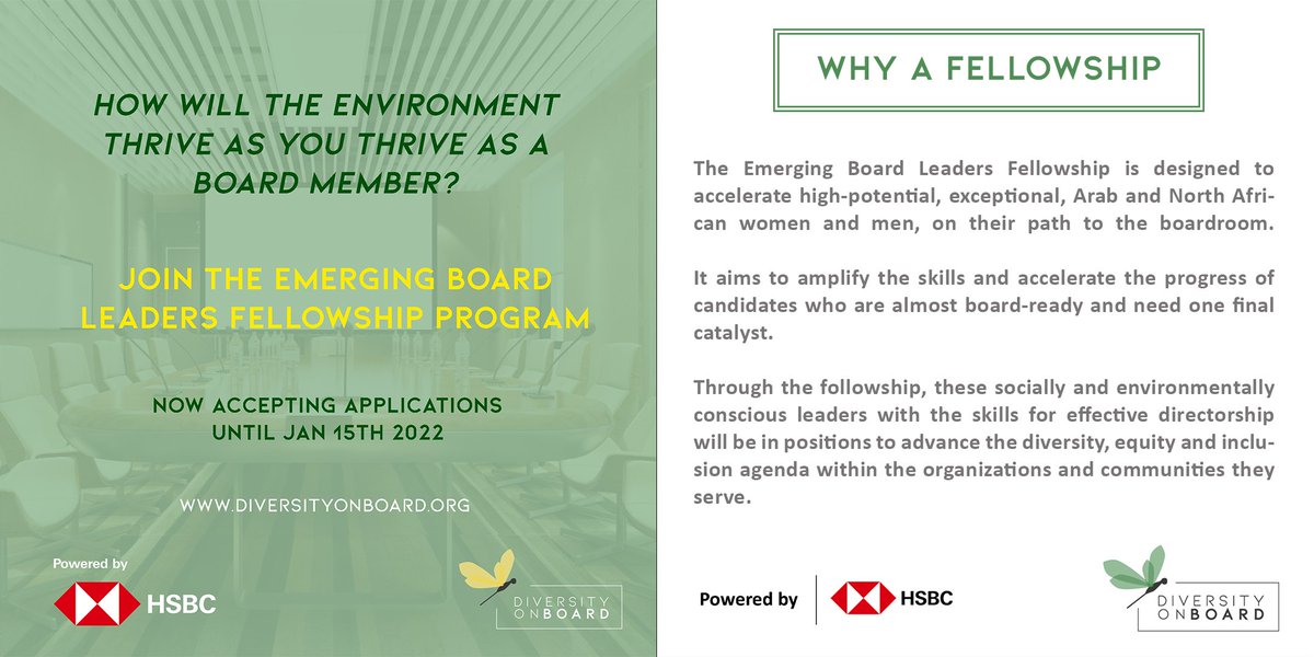 How will the environment thrive as you thrive as a board member?

Emerging Board Leaders Fellowship, Powered by 
@hsbc - Apply Now: lnkd.in/euwzEJHw 

#DOB #HSBC #diversityandinclusion #boardaccelerator #pathtotheboardroom #mentor