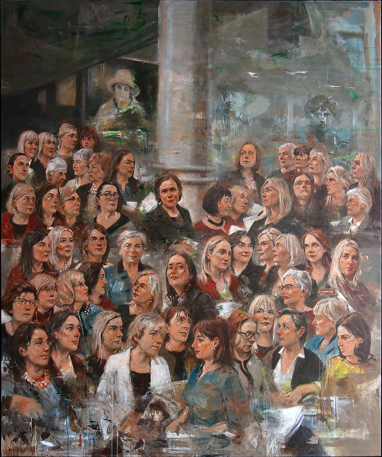 A Woman's Place by Noel Murphy is one of the many pieces of artwork displayed in Leinster House and  depicts all the women who were Members of the #Oireachtas in 2018. It was commissioned as part of the #Vótáil100 commemoration of 100 years of votes for women #NollaigNamBan