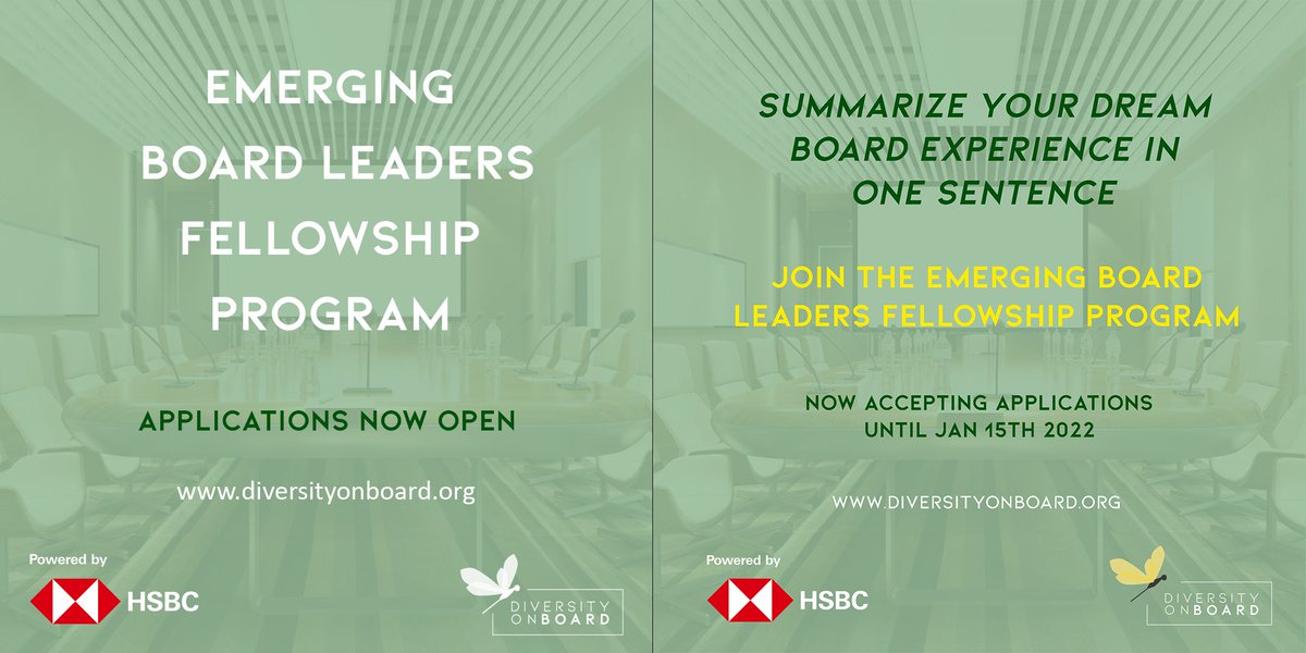 Summarize your dream board experience in one sentence.

Emerging Board Leaders Fellowship, Powered by 
<a href="/hsbc/">HSBC</a> - Apply Now: lnkd.in/euwzEJHw 

#DOB #HSBC #diversityandinclusion #boardaccelerator #pathtotheboardroom #mentor