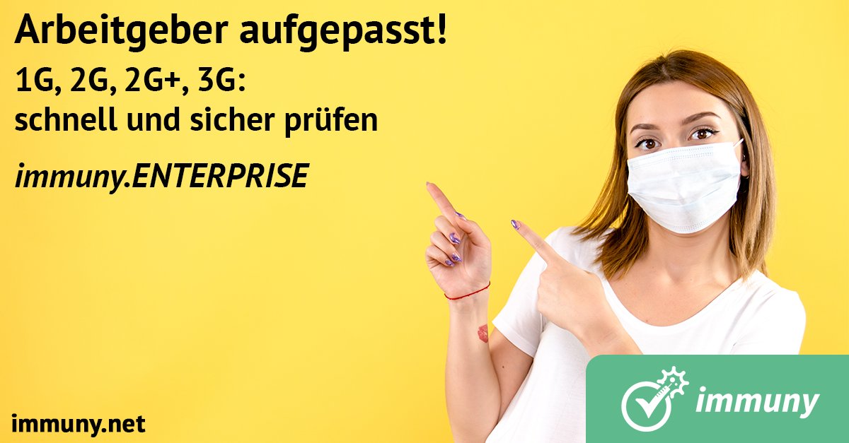 Die #3G-Regel am #Arbeitsplatz gehört zum #Infektionsschutzgesetz #immuny unterstützt bei der Umsetzung! 
Für alle Branchen und jede Unternehmensgröße.
immuny.net/enterprise