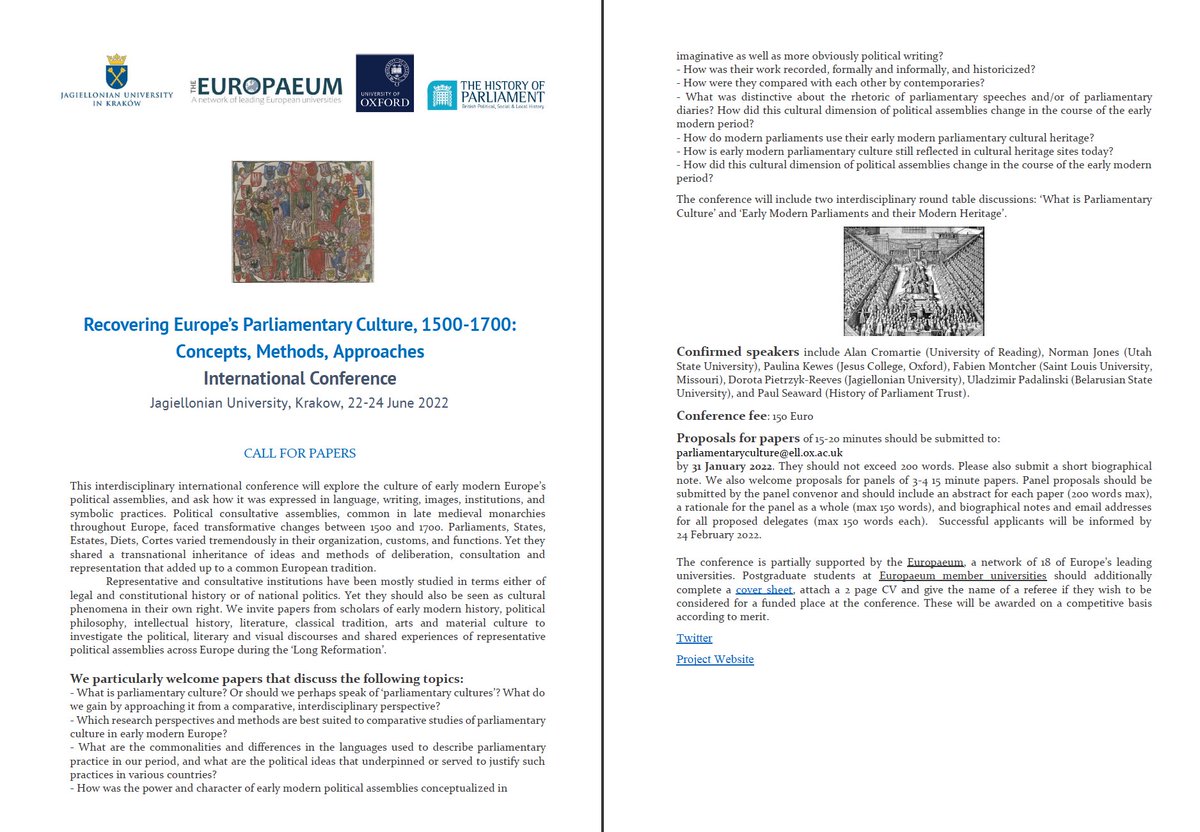 ParlCulture's tweet photo. A warm thank you to all the participants and audience members of yesterday's launch event! @engfac @OxfordCIH @the_europaeum

Just a reminder that the CfP for our Conference (22-24 June) is still open until 31 January! @JagiellonskiUni 
(details on poster) https://t.co/UH52cc6RaO