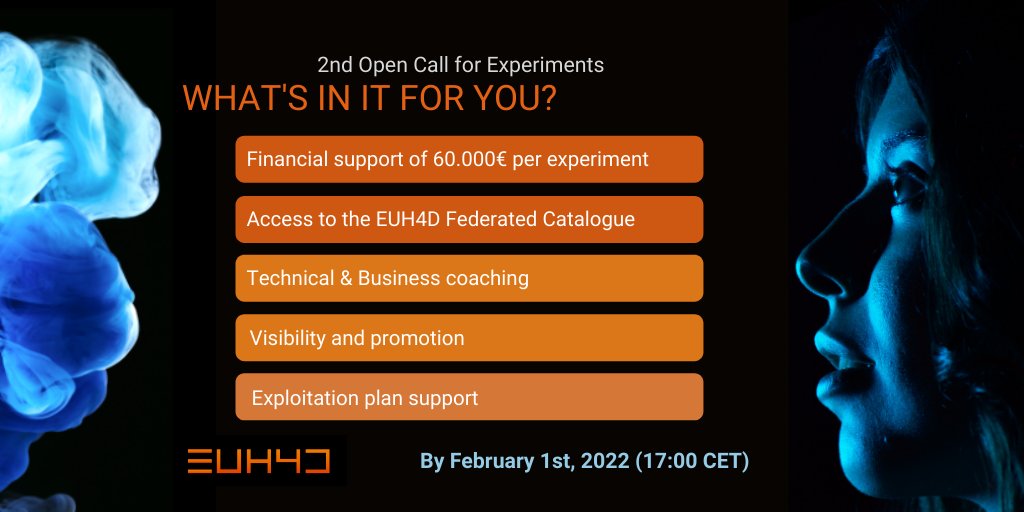 🎇 New year, new opportunities! The EUH4D #OpenCall invites #SMEs, #StartUps and #WebEntrepreneurs to share their innovative experiments, which could benefit from some financial and expert support! 

Info session on 18 Jan: bit.ly/3G7L23x  
Register now!