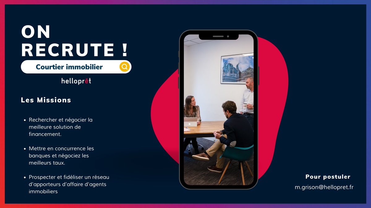 Sauter le pas, helloprêt recrute 🚀
Et si, votre résolution en 2022, c’est de rejoindre une agence de courtage 2.0 à la nature ambitieuse ?
Contacter notre super RH Marie 💪 
m.grison@hellopret.fr

#jobdating #immobilier #recrutement #Emploi