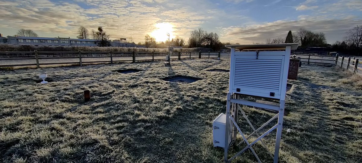 Early morning picture of the Wallingford Met Site, focusing on the Stevenson screen. Frost on the ground and the sun rising