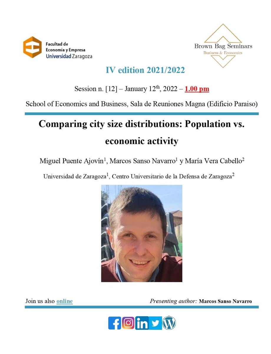 Brown Bag Seminars: Business & Economics (@bagbusiness) on Twitter photo 📢The 7th session of the #BBS is coming soon!! @FECEM_unizar
👨🏫 Marcos Sanso Navarro (<a href="/unizar/">Universidad Zaragoza</a>) will be presenting:
🔍"Comparing city size distributions: Population vs. economic activity"
📅 Wednesday 12nd of January
🕐 1.00 p.m. (New schedule)
📍Sala de Reuniones Magna & online 📢The 7th session of the #BBS is coming soon!! @FECEM_unizar
👨🏫 Marcos Sanso Navarro (<a href="/unizar/">Universidad Zaragoza</a>) will be presenting:
🔍"Comparing city size distributions: Population vs. economic activity"
📅 Wednesday 12nd of January
🕐 1.00 p.m. (New schedule)
📍Sala de Reuniones Magna & online