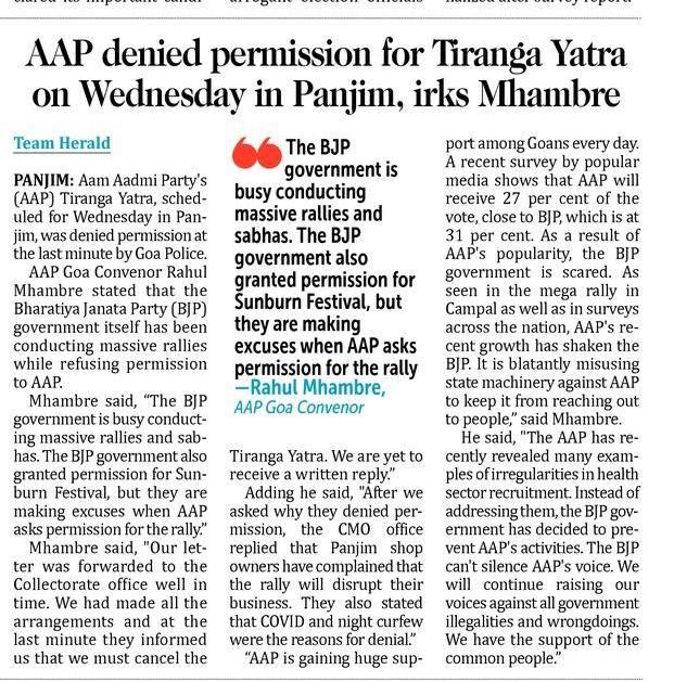 RahulMhambre's tweet photo. By debarring Tiranga Yatra, BJP Government can't be escaped from the debacle, going to happen in the upcoming Assembly Election. They are breaking hoardings, disallowing Sabhas, stoping us to visit offices, these are all resembling their rising fear of failure. #AAPRise #AAP4Goa https://t.co/3PVEQHpP2n