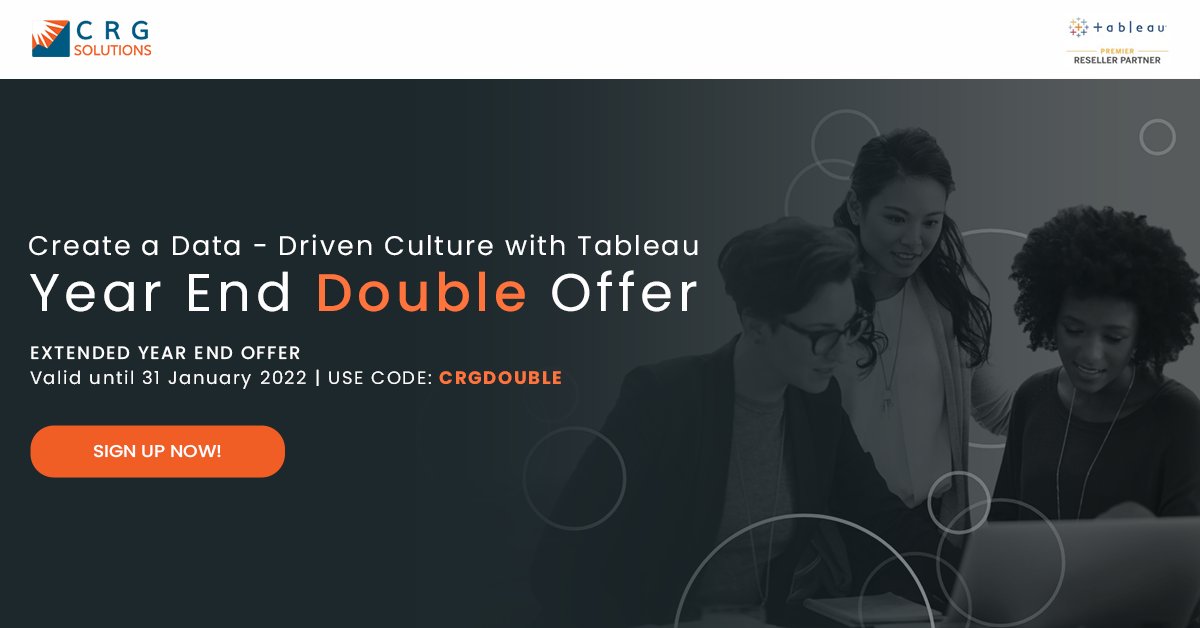 CRGSolutionsIND's tweet image. Decisions should be driven by data rather than solely on assumptions and past experiences. Create a Data Driven Culture with Tableau.
Extended Year End Offer till 31 January 2022. Find out more: 
lnkd.in/eCh5mYBM

#yearendoffers #tableausoftware #dataculture