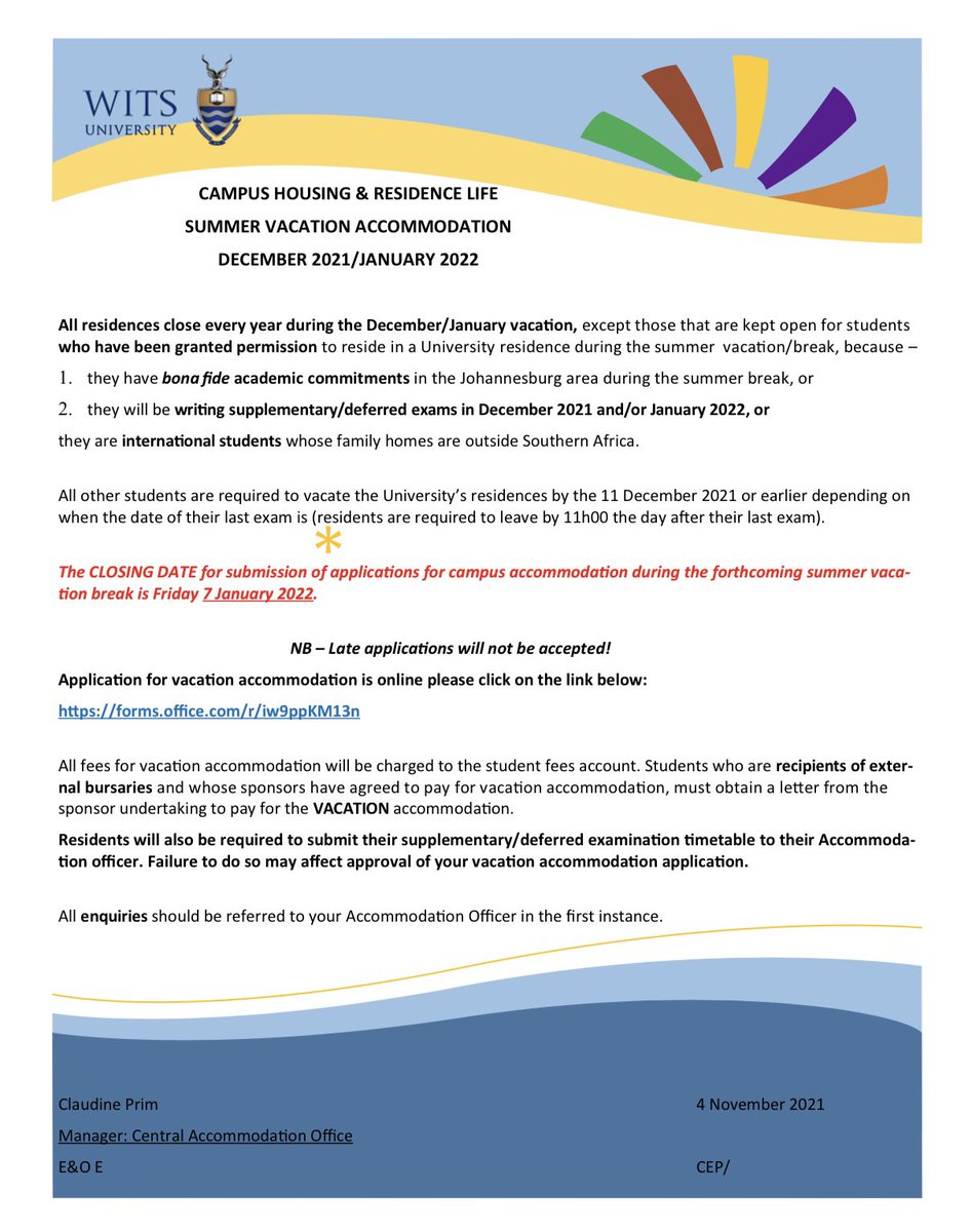‼️ATTENTION‼️ Hello Witsies! Emergency accommodation (Wits res students only) for supplementary and deferred exams can be applied for using this link forms.office.com/r/iw9ppKM13n The last day to apply is tomorrow (Friday, 07 January)