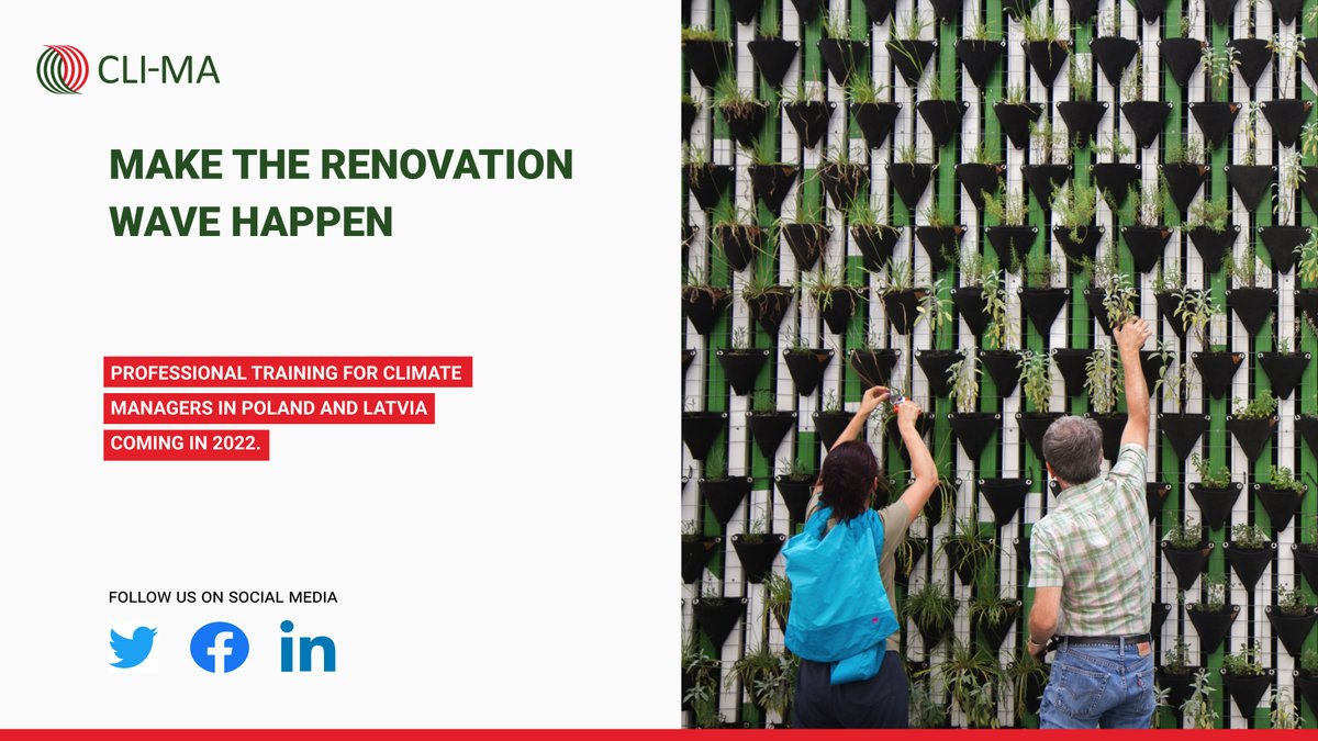 Happy New Year!  <a href="/clima_euki/">CLI-MA</a> project is starting this January with the first pilot training for #climate managers in Poland, followed by #training in Latvia in April. Looking for to hearing feedback from the first trainees and moving forward making the #renovationwave happen!