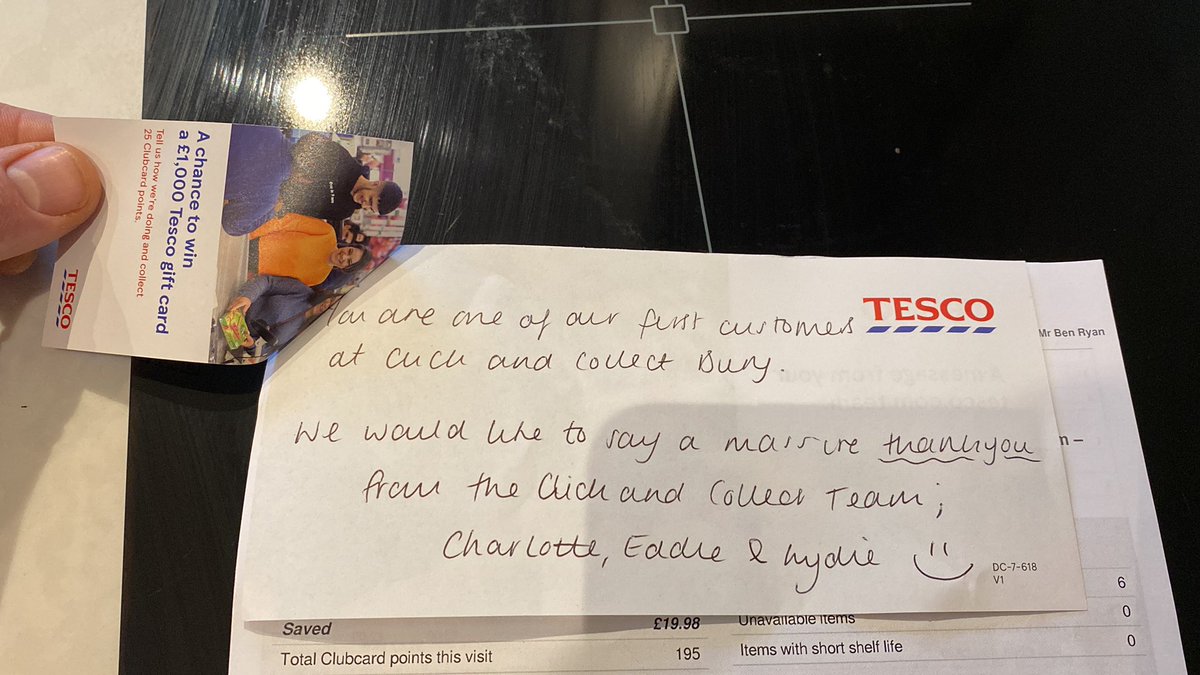 BenRyan258's tweet photo. Nice little hand written thank you note from @Tesco Bury with my click and collect order this morning. Staff were great too :) https://t.co/4Wh7VuH6Cq
