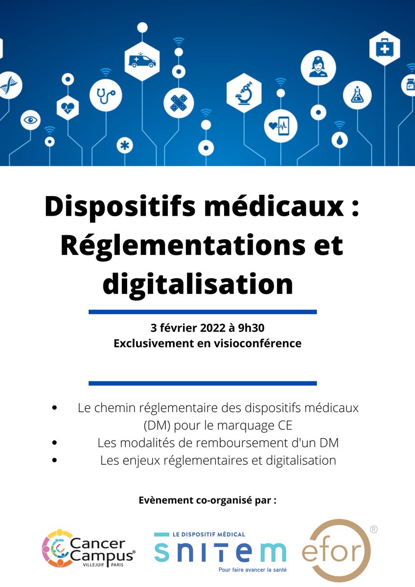 N'oubliez pas de vous inscrire à l'atelier sur les #dispositifsmédicaux animé par le 
<a href="/SnitemDM/">SnitemDM</a> et l'EFOR le 3 février à 9h30.
Inscription à la visioconférence lnkd.in/eaR6AYkF