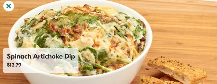 Spinach Artichoke Dip
Made daily in house with fresh spinach, artichoke hearts, a variety of cheeses including our signature blend, garlic and seasonings. Served with an 8" Garlic Breadstick
seamless.com/menu/sarpinos-…