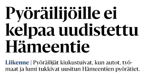 VuorelmaJohanna's tweet photo. Autoilijat eivät noudata tieliikennelakia ja aiheuttavat vaaratilanteita eikä kaupunki panosta riittävästi pyörätien turvallisuuteen, mutta ongelma otsikoidaan pyöräilijöiden tunteiden hallinnan (”kiukustuivat”) ja kohtuuttomien vaatimusten (”ei kelpaa”) vinkkelistä. @hsfi https://t.co/RUDUkesbRF