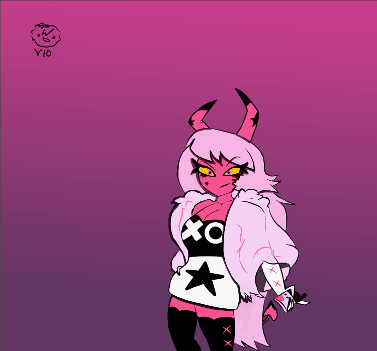 DownForr's tweet image. #HelluvaBoss #HelluvabossVerosika #HelluvaBossFanart #VerosikaMayday 

POV: verosika caught you staring at her
(background is gradient )