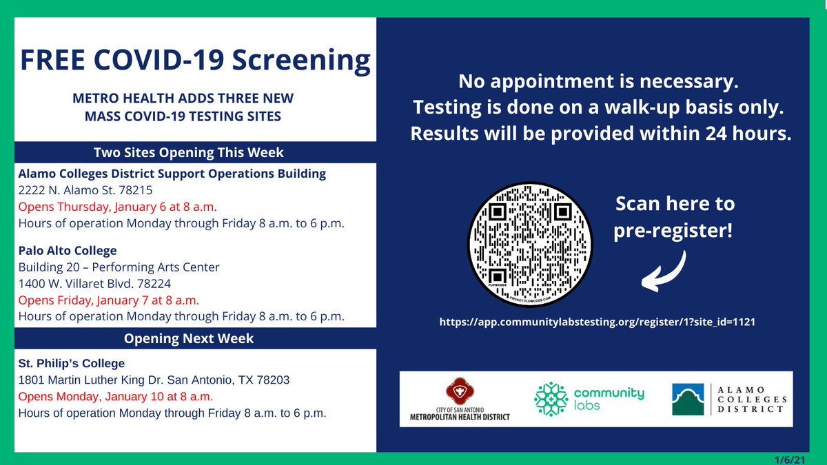 communitylabs_'s tweet image. Need a #Covid test in #SanAntonio? A new  @communitylabs_ public testing site opens today, another tomorrow and also next week. Details below. Walk-up, free, PCR. Results w/in 24 hours.