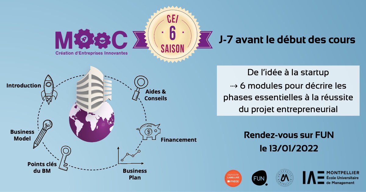 🔜 J-7 avant le début du MOOC Création d’entreprises innovantes sur <a href="/FunMooc/">France Université Numérique</a> 😊 Merci à tous de nous suivre pour cette 6ème saison, qui débutera le 13 janvier.
👉 6 semaines pour découvrir les étapes clés du parcours entrepreneurial 🚀
▶ Inscription sur : bit.ly/mooc-cei