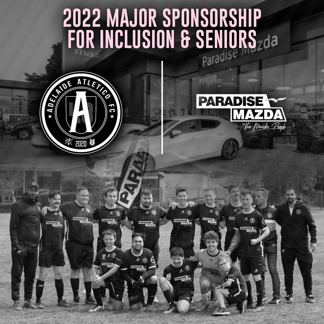 AAFC2021's tweet photo. We are delighted to announce that Paradise Mazda have agreed to become Major sponsor for Seniors &amp; Inclusion on 2022 

The Paradise Mazda logo will take pride on the front of the Adelaide Atlético jersey.

Thank you, for supporting our Atletico family 🖤
#letsjustplay https://t.co/QQbkZFVlkg