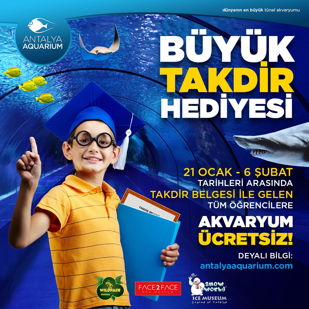 BÜYÜK TAKDİR HEDİYESİ !

21 OCAK - 6 ŞUBAT TARİHLERİ ARASINDA
TAKDİR BELGESİ İLE GELEN TÜM ÖĞRENCİLERE
AKVARYUM ÜCRETSİZ!

Detaylı bilgi antalyaaquarium.com ( Instagram link bio )

Hayal gücünüzü keşfedin 🐟🐠🐡🐙

 #sömestr #öğrenci #ücretsiz #yariyiltatili #antalyahakkında