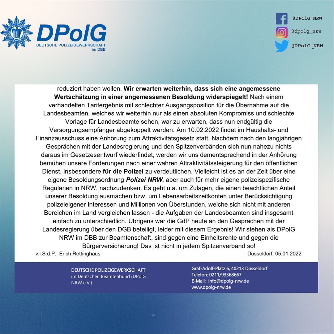 Jetzt ist es offiziell, das ausgehandelt Tarifergebnis wird auch für die Landesbeamten übernommen. Insgesamt glichen die „Besoldungsgespräche“ mit der Landesregierung  aber einer Entgegennahme vorgefertigter Beschlüsse. 

#dpolgnrw #dpolg #wirfüreuch #besoldung #wertschätzung