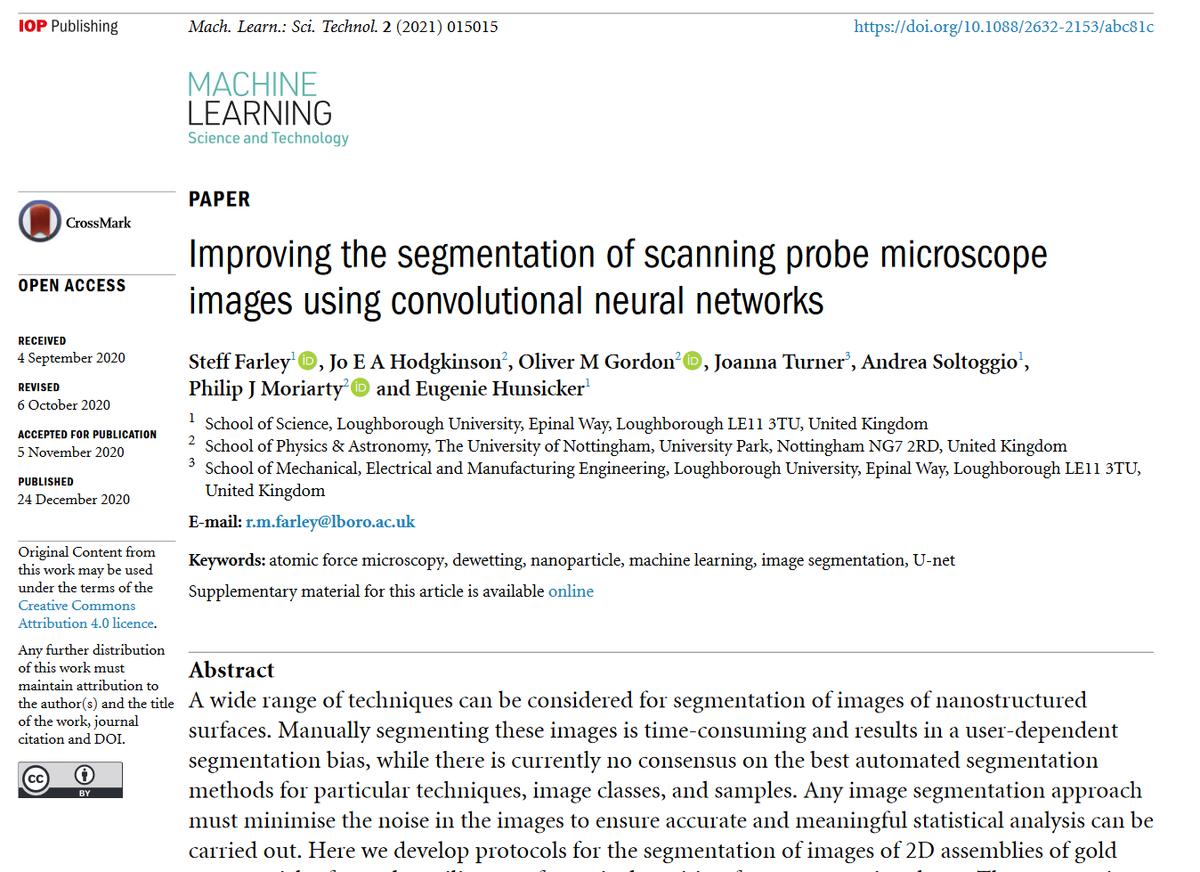 MLSTjournal's tweet photo. 'Improving the segmentation of #scanningprobe microscope images using convolutional #neuralnetworks' by @asoltoggio P J Moriarty, E Hunsicker et al @UoN_Physics @LboroScience @LboroEng hits 500 downloads! https://t.co/sRXckJkdSt #microscopy #imaging #nanoscience #machinelearning https://t.co/Xh0dkSWh8e
