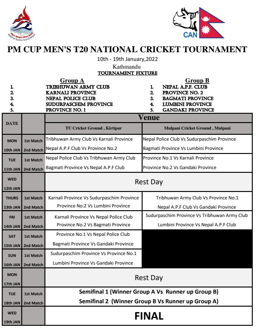 PM Cup Men's National Cricket Tournament to be conducted in T20 format following approval from National Sports Council (NSC).

PM Cup Men's T20 National Cricket Tournament shall serve as part of the selection process for the up coming World T20 Global Qualifiers in Oman